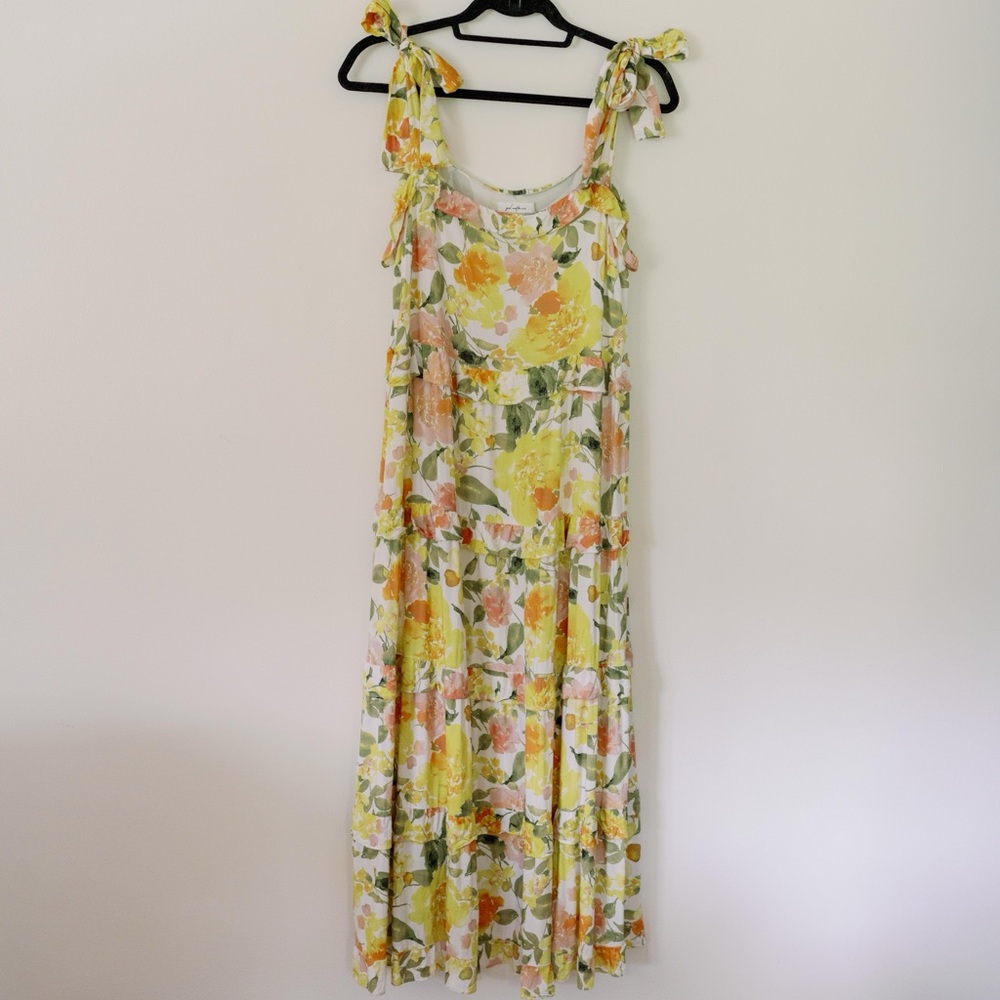 Girl & The Sun Yellow Floral Tiered Midi Dress